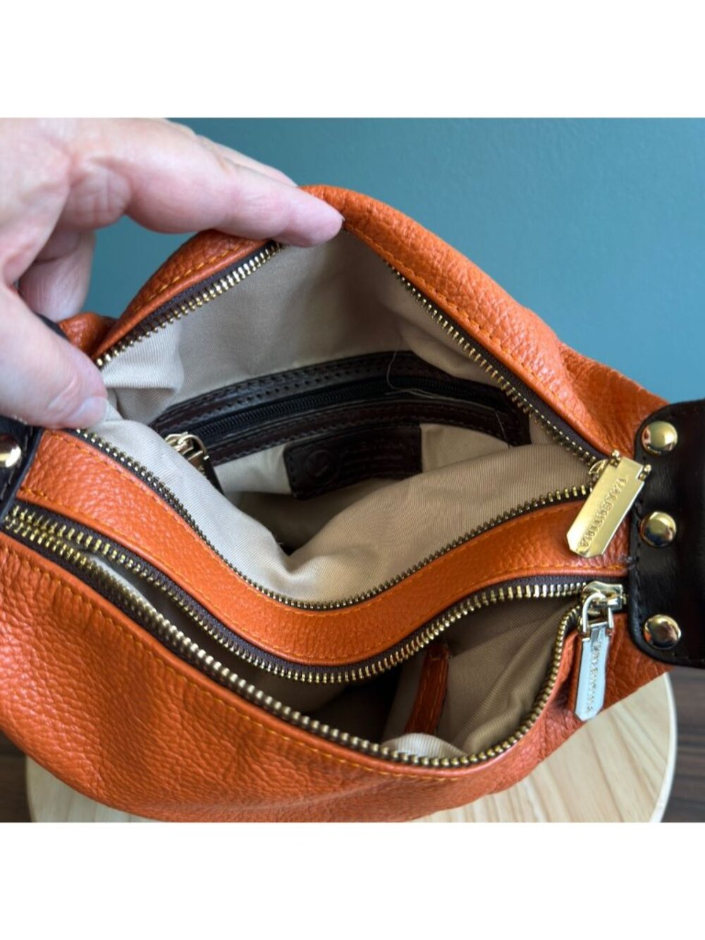 Valentina Italian Leather Shoulder Backpack Pebbled Orange Brown Many Pockets - Picture 13 of 16